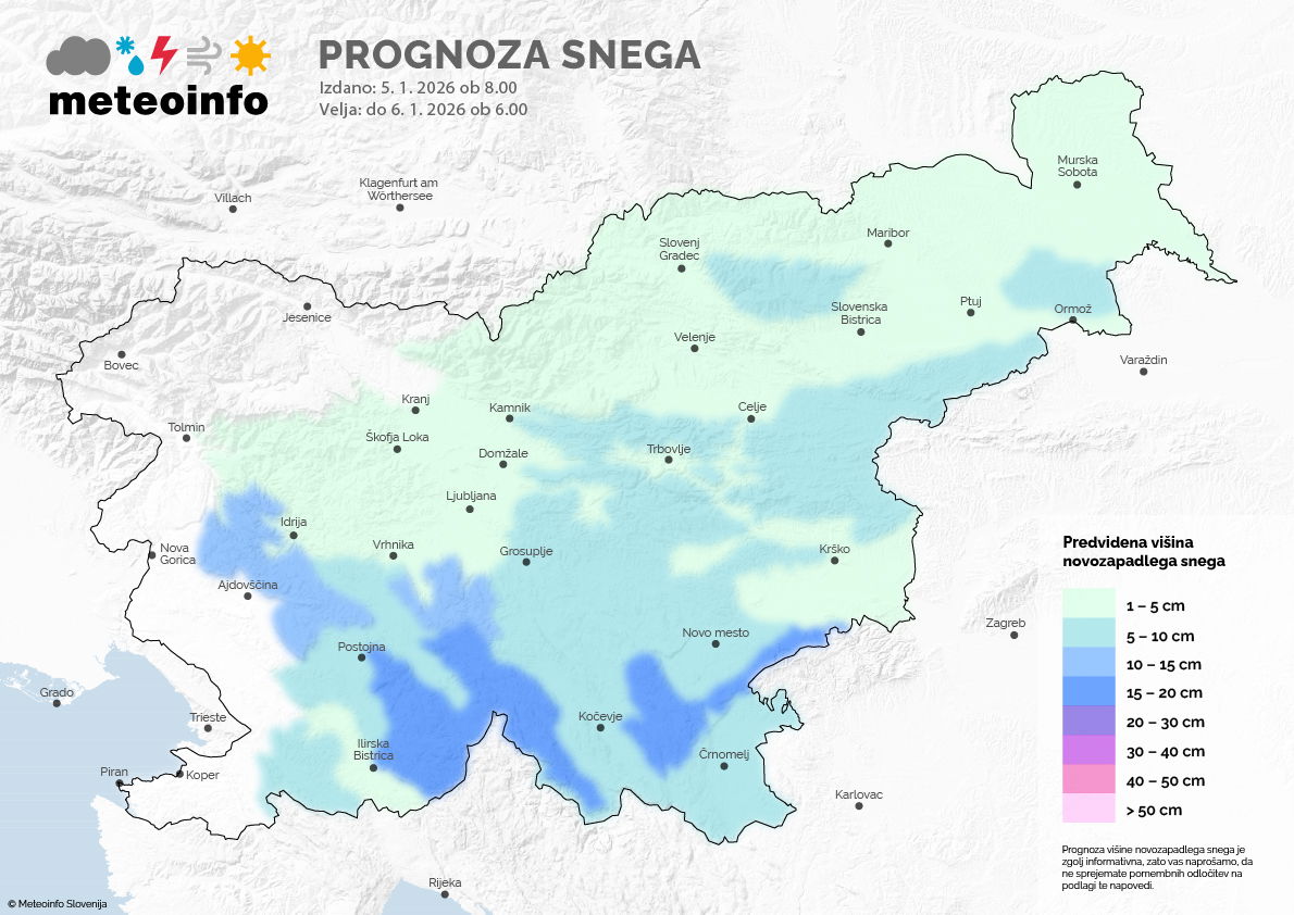 Napoved snega, 5. januar 2026