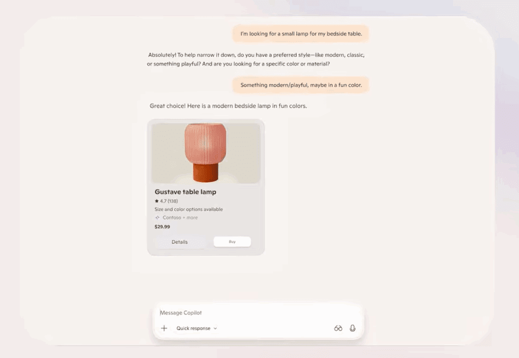 Microsoft released a video simulation of Copilot Checkout, demonstrating how the agentic commerce capability works in its interface. | Image credit: Screenshot of Microsoft video, Jan. 9, 2026
