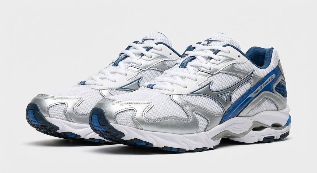 Mizuno Wave Rider 10 in silver and white, a key example of the 'Dad Shoe' tech-runner trend.