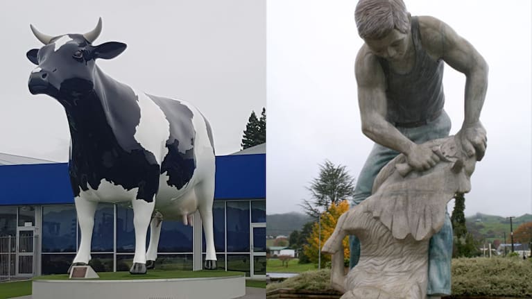 Morrinsville's cow and Te Kuiti's sheep shearer harken back to rural industries that defined the town's identity.