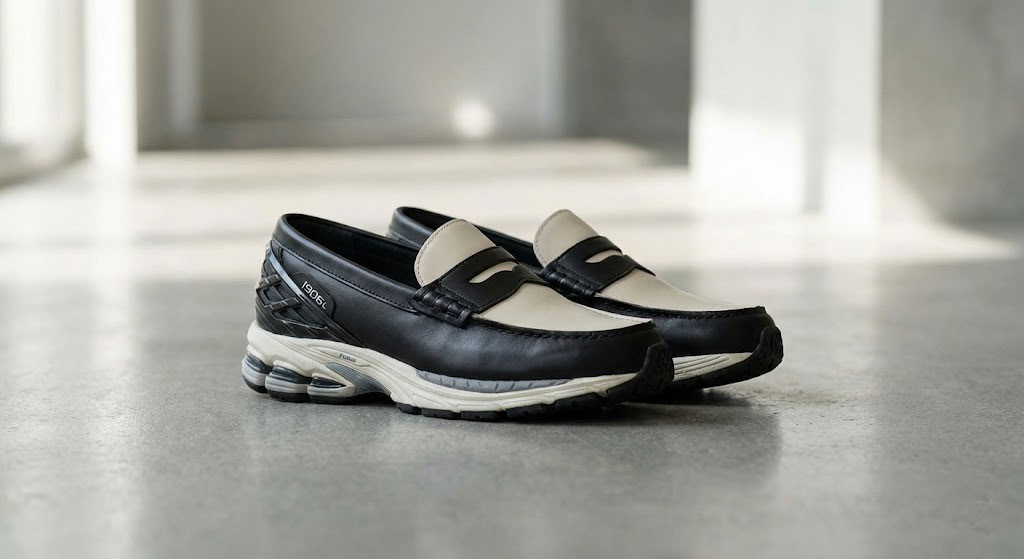 The New Balance 1906L, a hybrid sneaker-loafer in Black and Angora, showcasing the 2026 trend toward formal comfort.