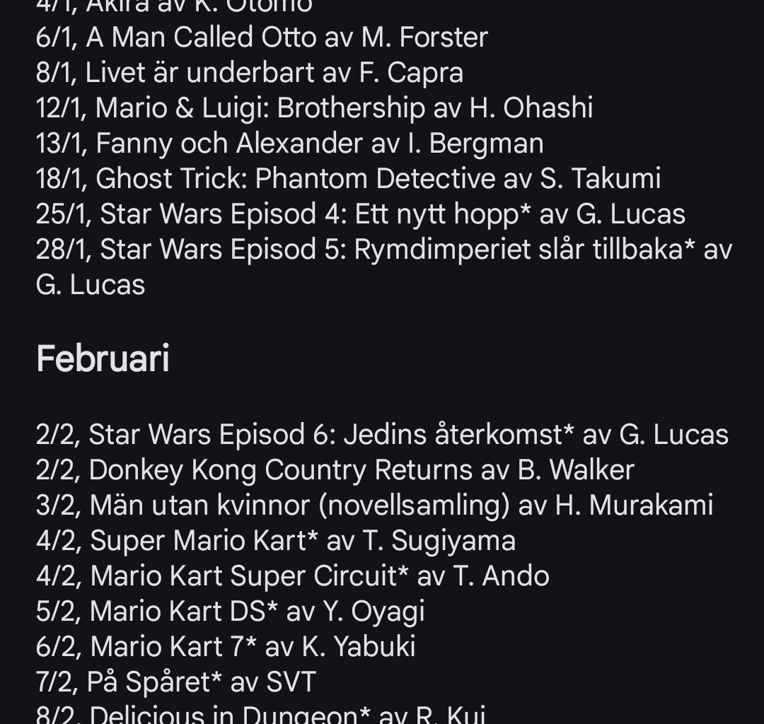 Gott nytt år Sweddit! Mitt nyårslöfte för 2025 var att se fler filmer, och skriva ned alla på en lista. Här har ni alla filmer, serier, spel och böcker jag tagit del av under året!