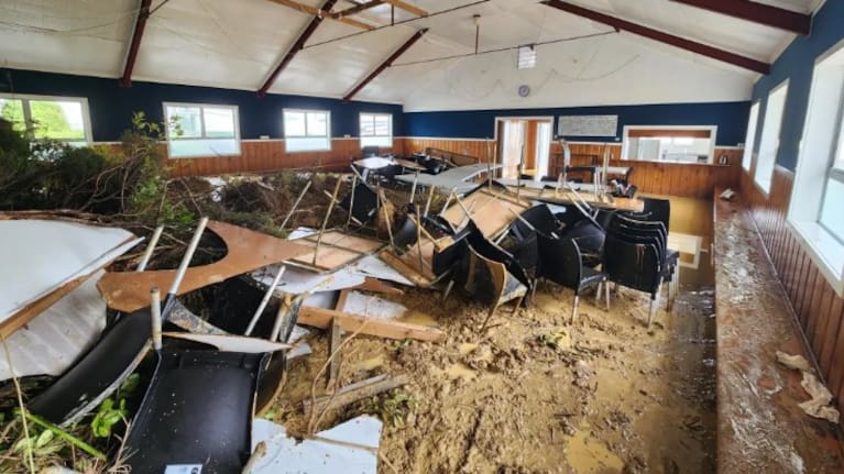 Ōakura Community Hall was devastated by a slip the night before an unveiling was due to take place.