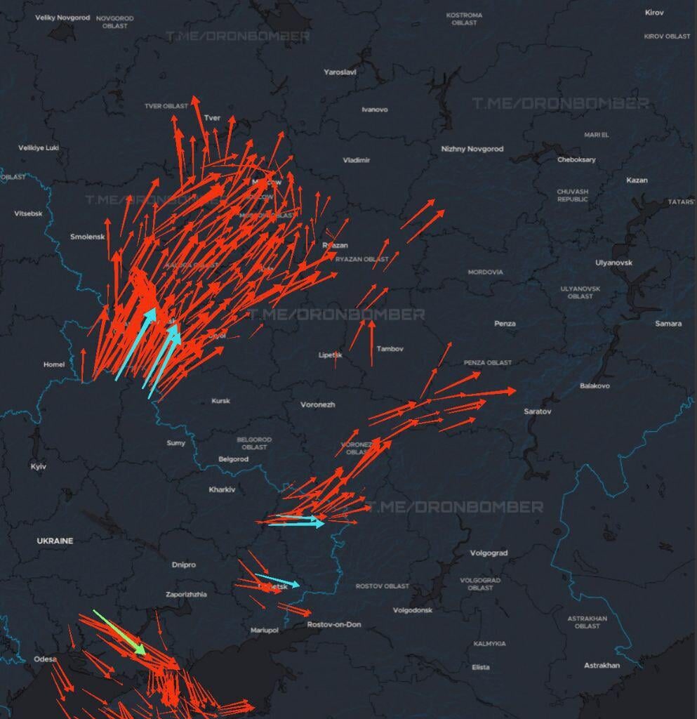 Update: Approximate flight routes of Ukrainian drones and missiles attacking Russian targets tonight