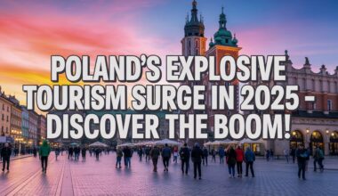 A dynamic and vibrant shot of kraków's main market square with tourists walking and enjoying the city’s architectural beauty. Overlay the image with bold, attention-grabbing text: "poland's explosive tourism surge in 2025 - discover the boom! " with an energetic and captivating color palette, highlighting the bustling, optimistic energy of the tourism boom in poland.