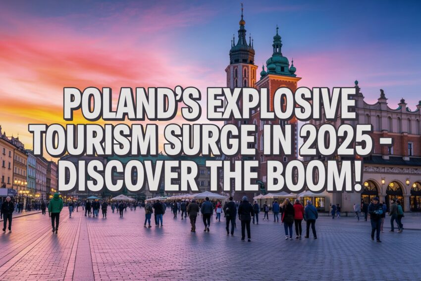 A dynamic and vibrant shot of kraków's main market square with tourists walking and enjoying the city’s architectural beauty. Overlay the image with bold, attention-grabbing text: "poland's explosive tourism surge in 2025 - discover the boom! " with an energetic and captivating color palette, highlighting the bustling, optimistic energy of the tourism boom in poland.