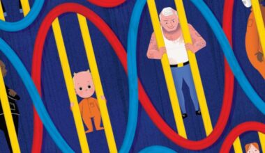 Illustration showing a grown man and a baby locked behind the bars of a strand of DNA.