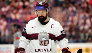 Latvijas hokeja izlases kapteinis Kaspars Daugaviņ&scaron; 2024. gada pasaules čempionātā.