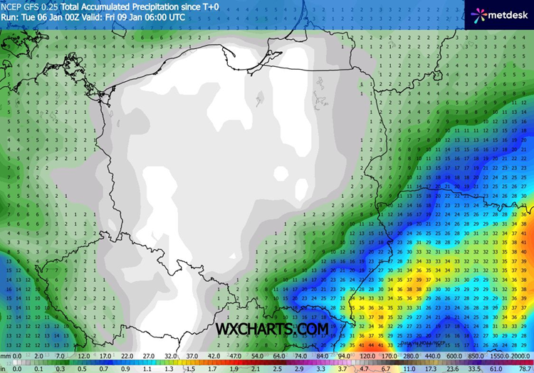 Prognozowana suma opadów w Polsce do piątkowego poranka