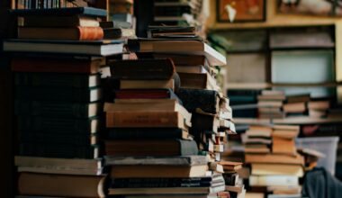 Piles of books in a bookstore