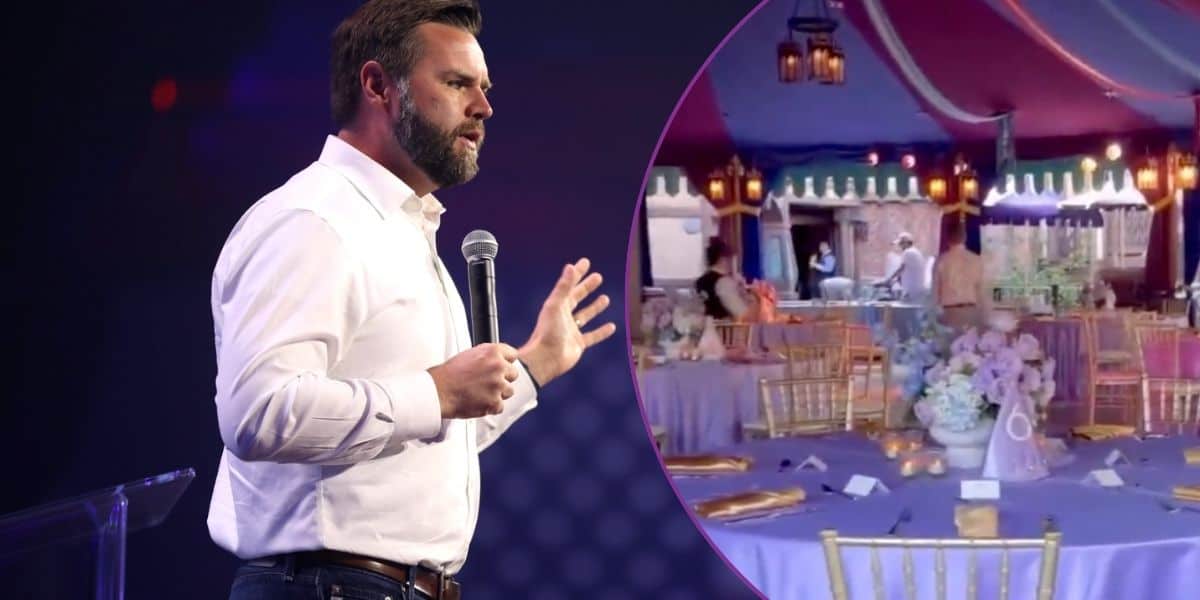 Left: JD Vance speaking on stage, Right: The Royal Theatre at Disneyland set up for a private event.