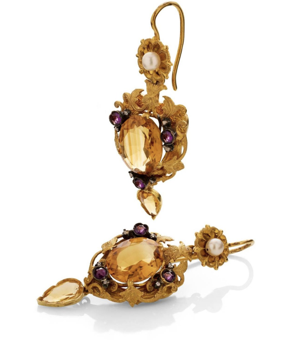 A pair of gold citrine drop earrings
