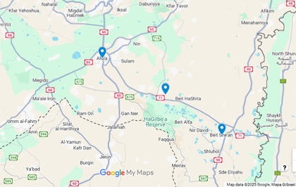 Map showing the locations of the suspected ramming and stabbing attack in northern Israel: Beit She'an, Tel Yosef and Afula.