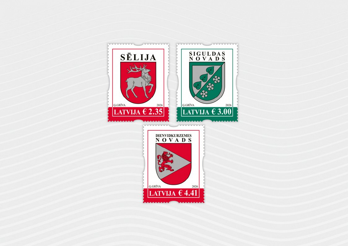 Pastmarkas ar Sēlijas, Siguldas un Dienvidkurzemes novadu ģerboņiem