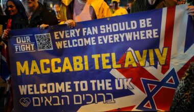 A banner being held by pro-Israel supporters outside Villa Park. Pic: PA