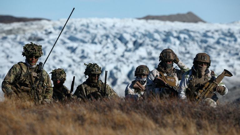 NATO allies Denmark, Norway, Sweden, Germany, and France take part in military drills in Greenland, where the US has a military base. Pic: Reuters