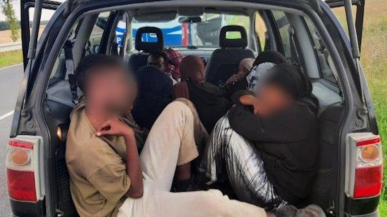 German police released photos of migrants packed into a car. Pic: Pasewalk Federal Police