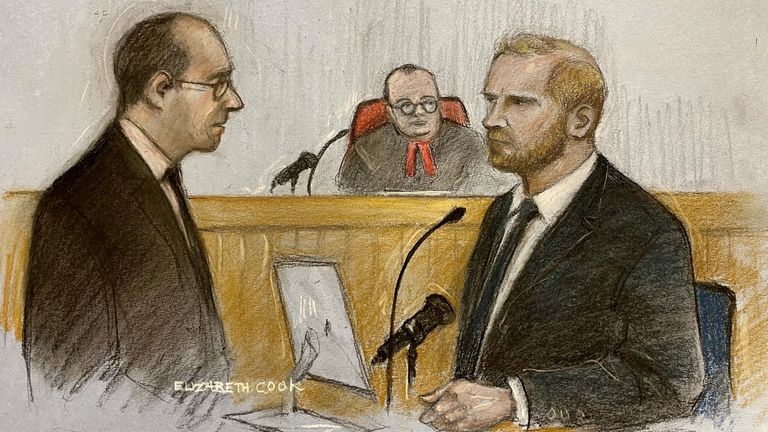 Court artist sketch by Elizabeth Cook of Prince Harry being questioned by Antony White KC