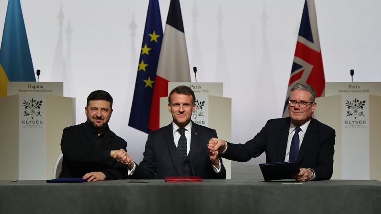 Volodymyr Zelenskyy, Emmanuel Macron and Keir Starmer at a meeting of the self-styled coalition of the willing in Paris on Tuesday. Pic: AP