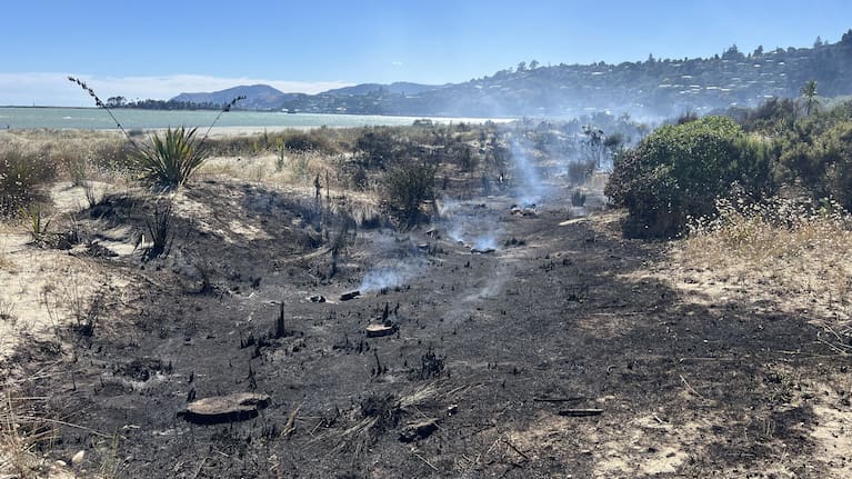 Smouldering vegetation pictured at Tahunanui Beach in Nelson this morning. 