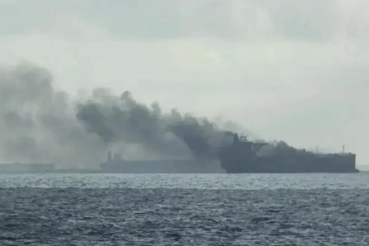 Picture reportedly shows the Elbus oil tanker Elbus (formerly Euroleader) hit by a suspected drone in the Black Sea on Jan. 8, 2026. (Photo via East2West)