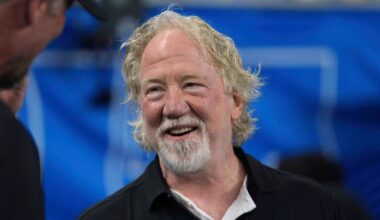 Actor Timothy Busfield smiles before an NFL football game in Detroit, Sept. 14, 2025. (AP Photo/Paul Sancya, File)