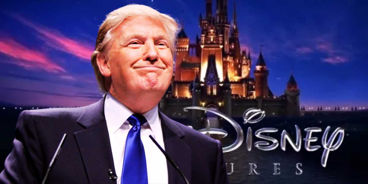 Donald Trump (L) with the Walt Disney Pictures logo in the background as a Disney white house meeting took place in July.