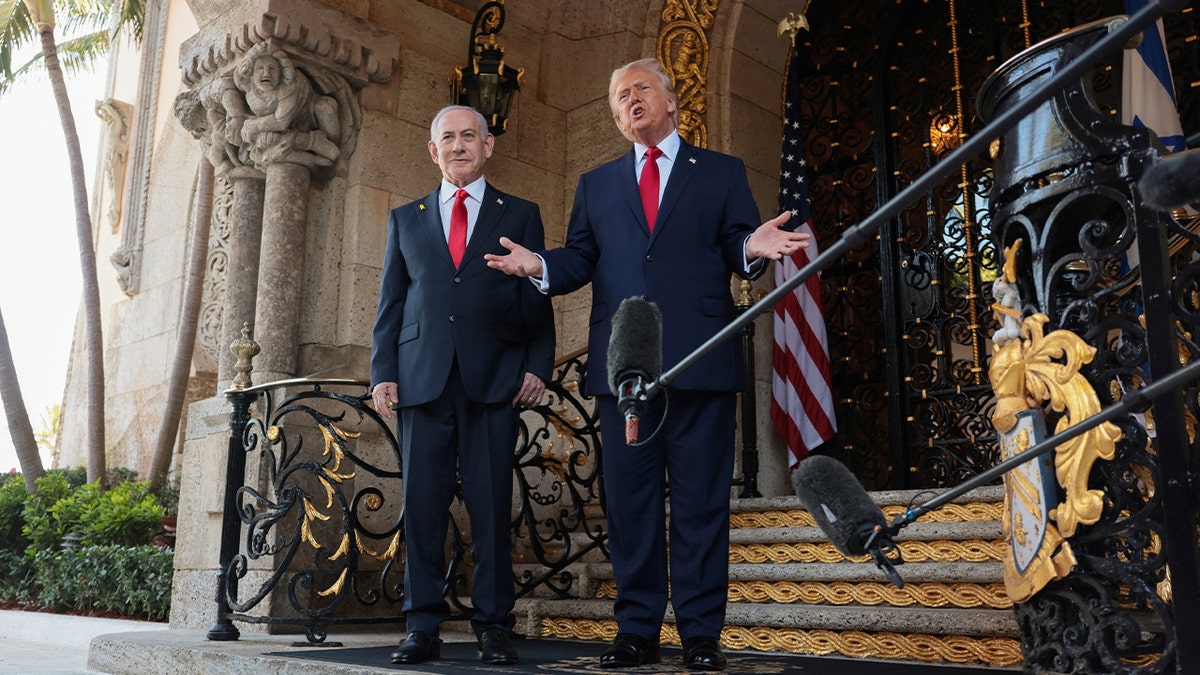 U.S. President Donald Trump speaks to the media next to Israeli Prime Minister Benjamin Netanyahu upon arrival for meetings at Trump's Mar-a-Lago club in Palm Beach, Florida, U.S., December 29, 2025.