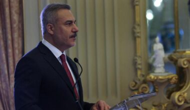 Foreign Minister Hakan Fidan delivers a speech during the Ambassadors Conference organized by the Portuguese Ministry of Foreign Affairs in Lisbon, Portugal on Jan. 5, 2026. ( Turkish Foreign Ministry / Handout - AA)
