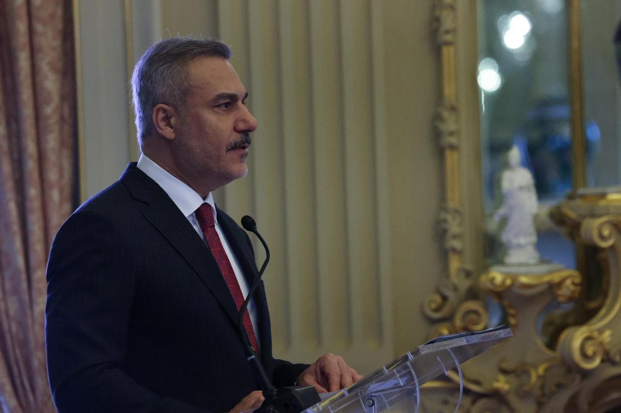 Foreign Minister Hakan Fidan delivers a speech during the Ambassadors Conference organized by the Portuguese Ministry of Foreign Affairs in Lisbon, Portugal on Jan. 5, 2026. ( Turkish Foreign Ministry / Handout - AA)