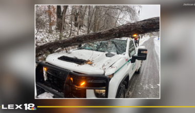Tree falls on Jackson Energy utility truck due to winter weather conditions
