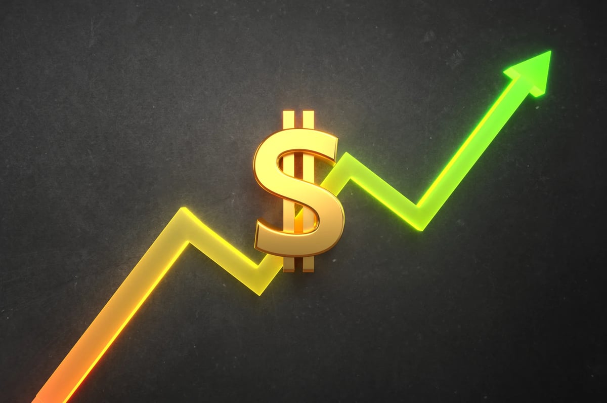 A dollar sign in the center with an arrow extending upward behind it.