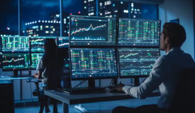 Traders and trading screens at night in office.