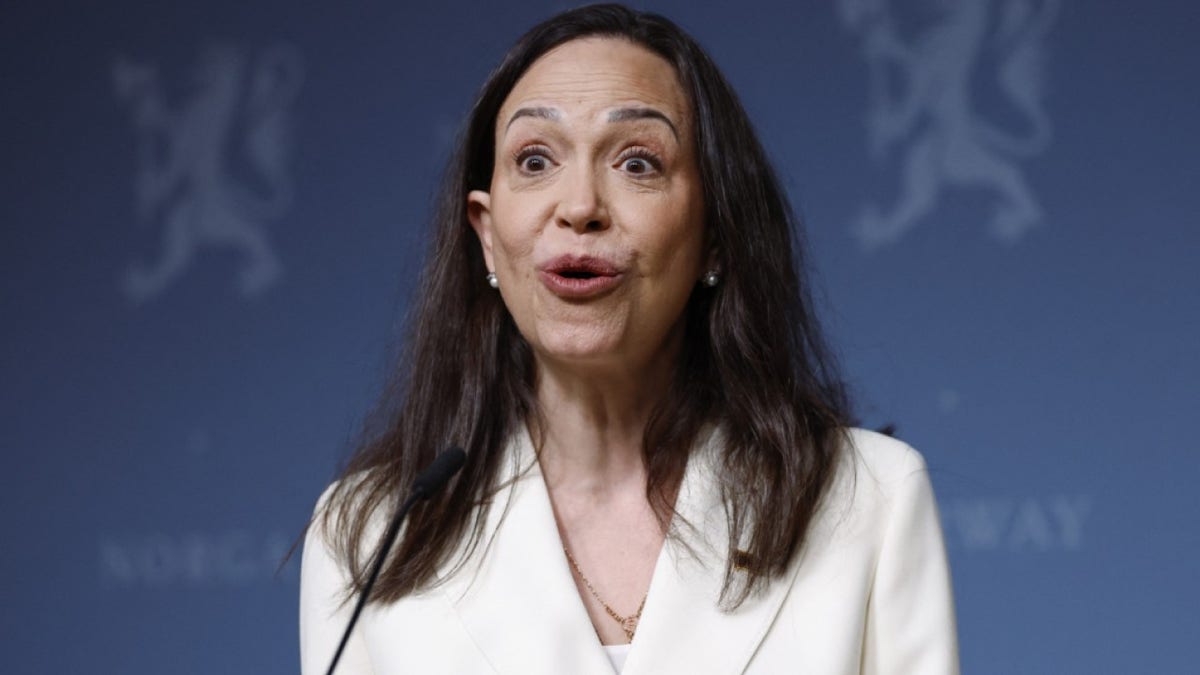 Nobel Peace Prize winner Maria Corina Machado addresses a press conference.