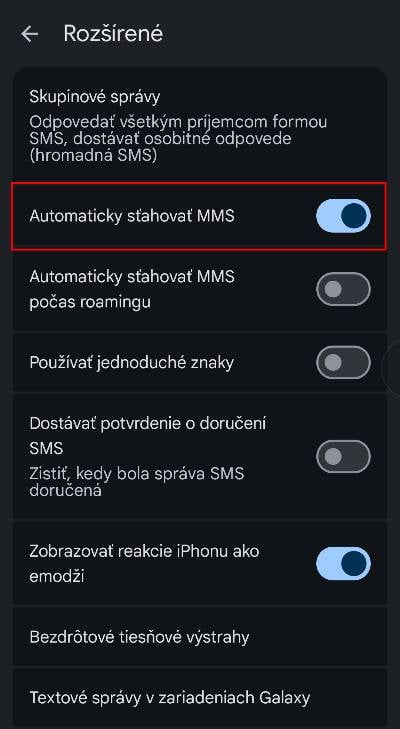 vypnutie automatickeho stahovania MMS sprav