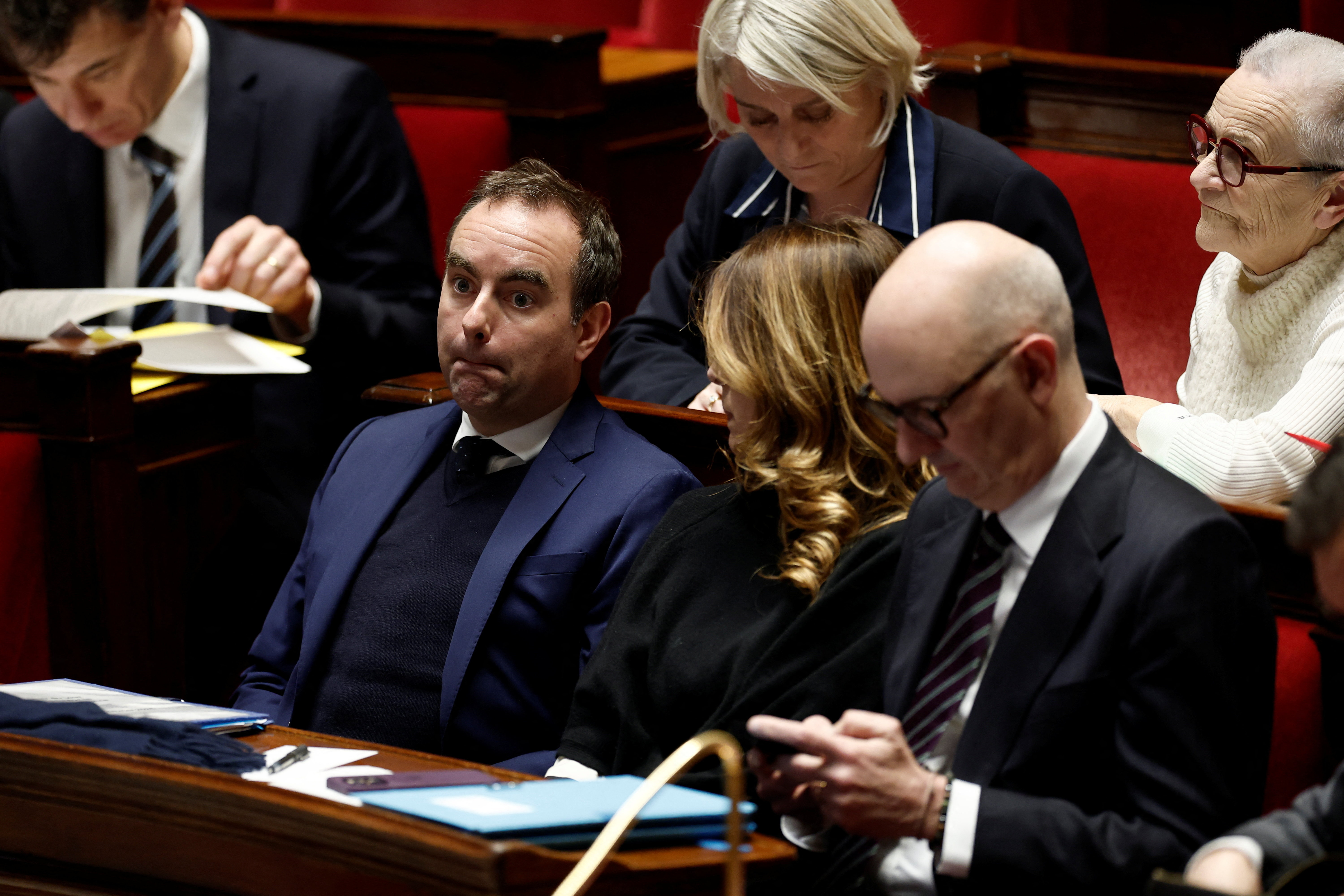 French Prime Minister Sebastien Lecornu reacting during a debate on two no-confidence motions.