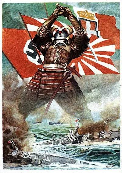 A drawing of a samurai standing over destroyed boats with flags behind him.