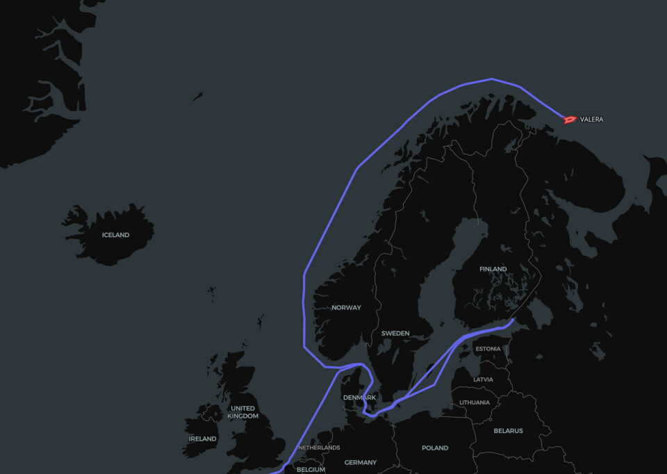 Sanctioned LNG carrier Valera’s track from the Baltic Sea up along Norway’s coastline to Murmansk.