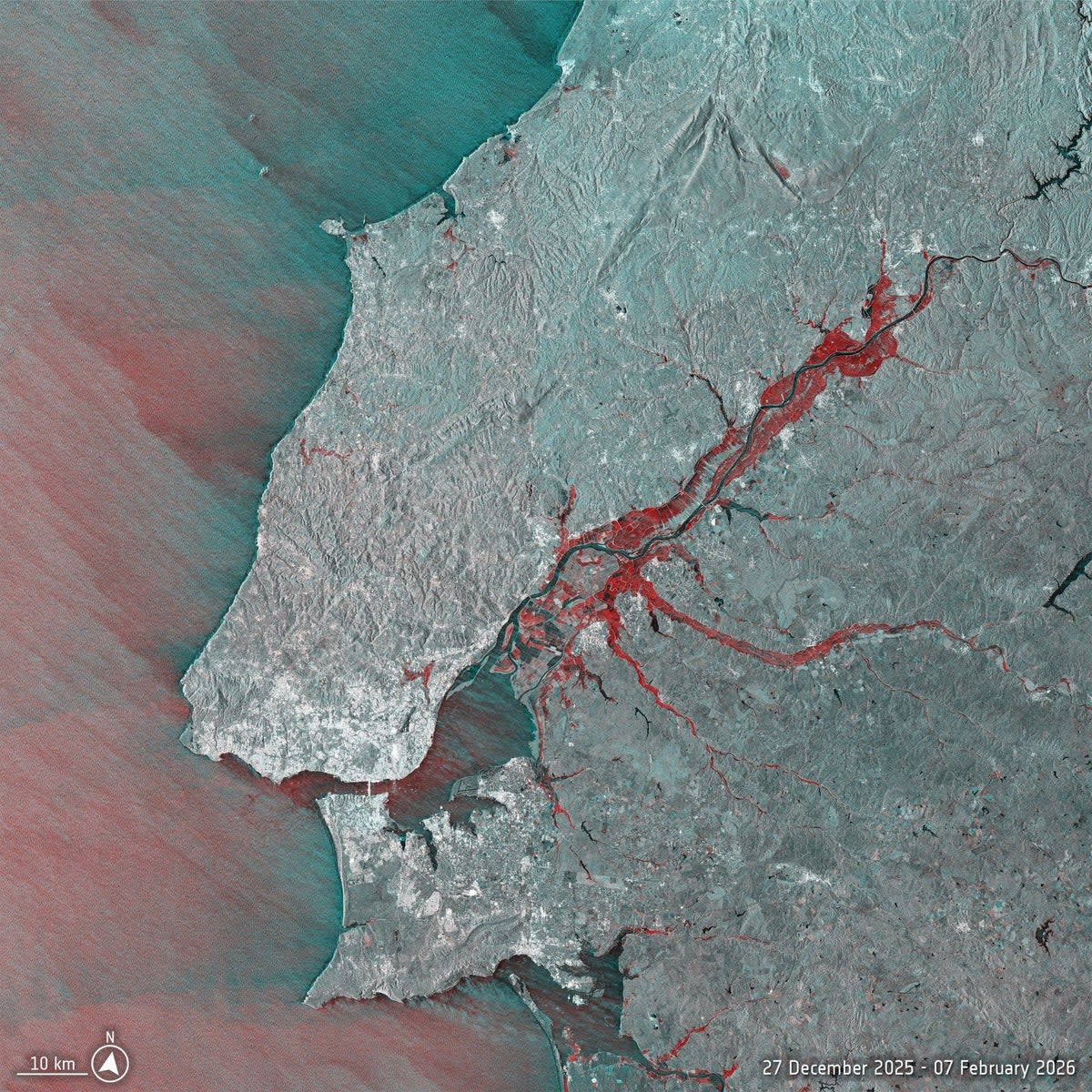 Satellite image shows area flooded around in Tejo River in red (European Space Agency)