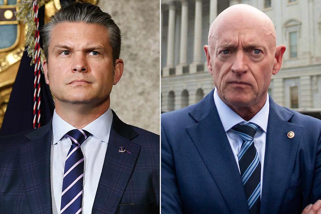 Tasos Katopodis/Getty; ALLISON BAILEY/Middle East Images/AFP via Getty Secretary of Defense Pete Hegseth (left); Sen. Mark Kelly (right)