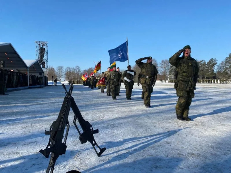German Armed Forces Brigadier General Christoph Huber leads the troop formation at the formal handover ceremony. The German Armed Forces brigade takes command of the NATO combat unit in Lithuania. Alexander Welscher/dpa