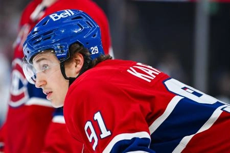Jan 12, 2026; Montreal, Quebec, CAN; Montreal Canadiens center Oliver Kapanen (91) looks on during warm-up before the game against the Vancouver Canucks at Bell Centre.