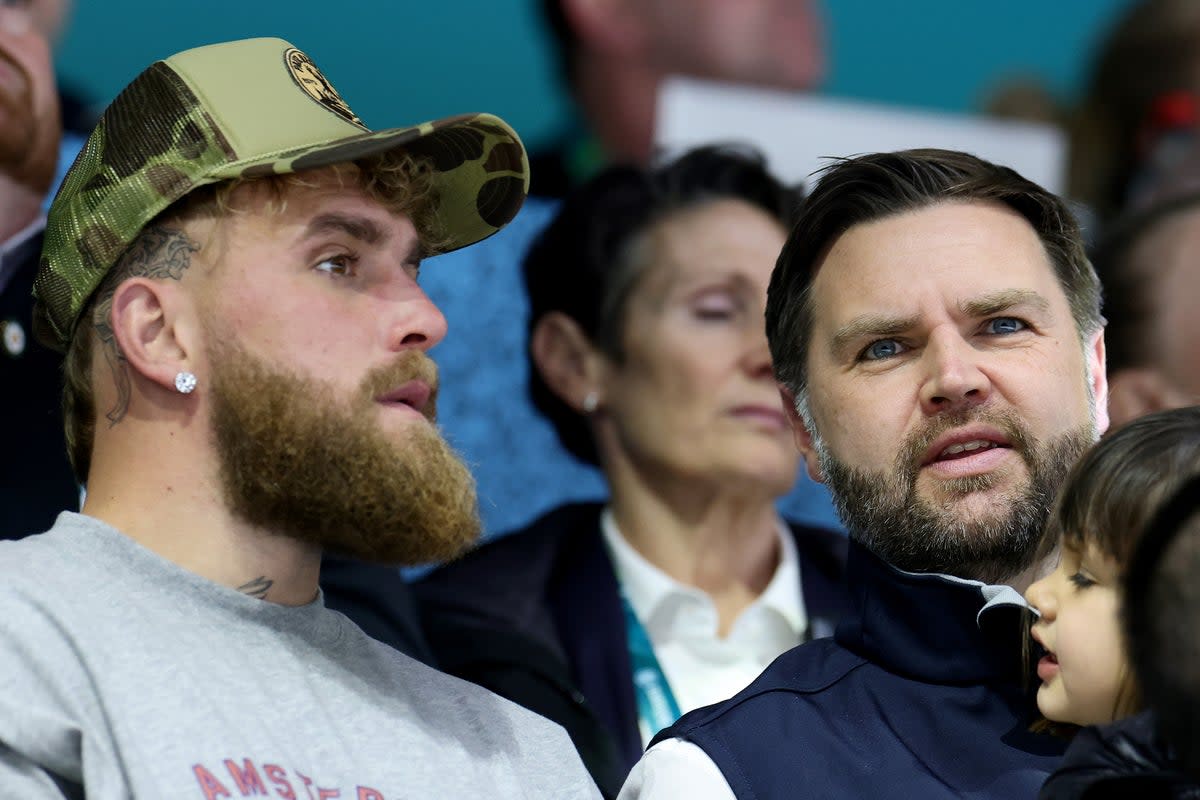 U.S. Vice President JD Vance sat with influencer and boxer Jake Paul as they watched the U.S. women’s hockey team ease to a 5-0 win over Finland at the Winter Olympics (Getty Images)