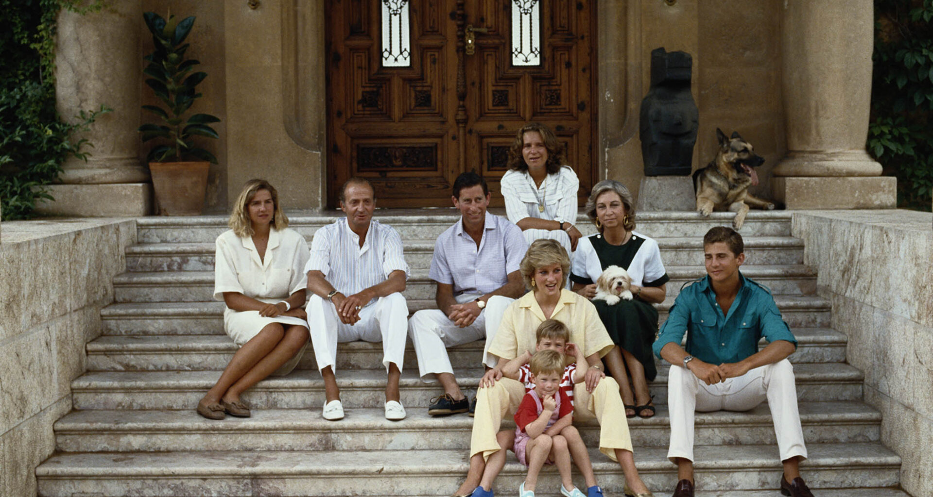 Prince Charles and Diana, Princess of Wales, with princes William and Harry on holiday in Majorca in 1987 with the Spanish royal family, King Juan Carlos I of Spain, Queen Sofia and their children, Elena, Cristina and Felipe.