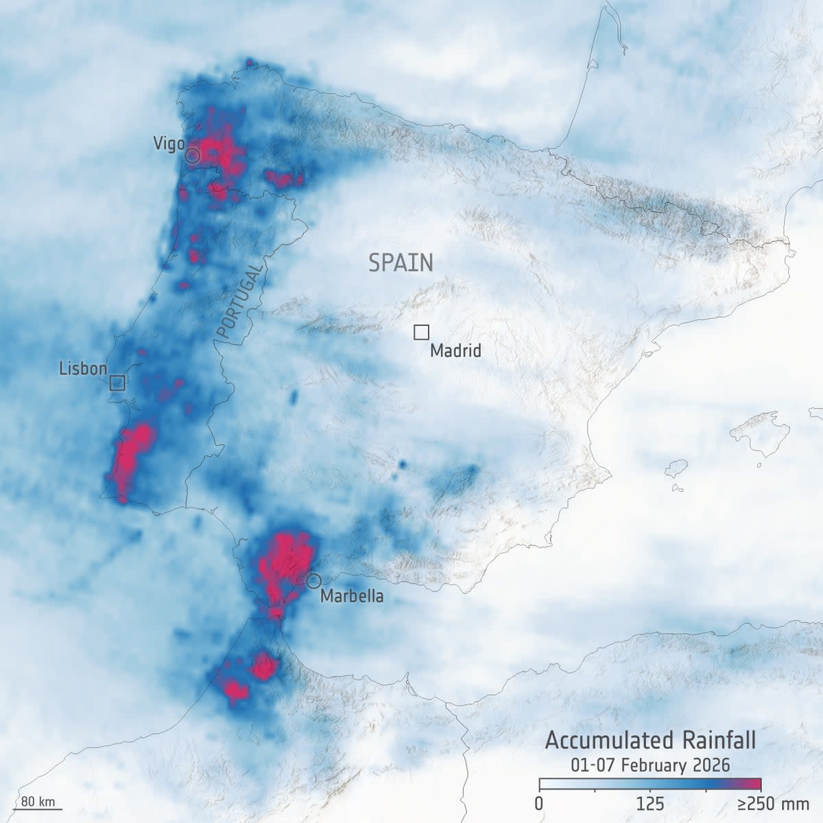 Map shows accumulated rainfall in Iberian peninsula between 1-7 February (European Space Agency)