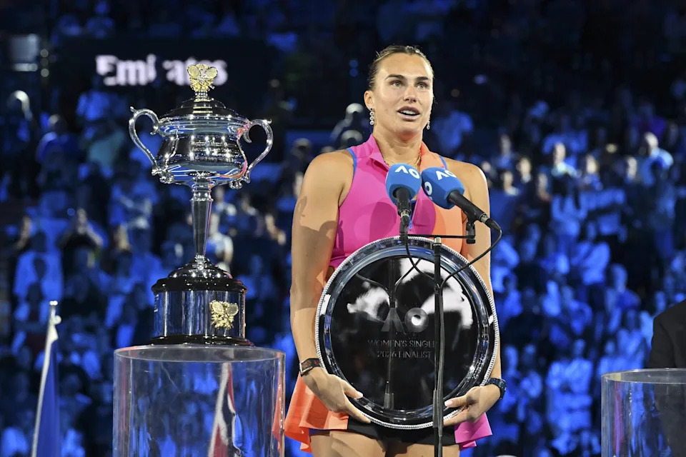 Aryna Sabalenka speaks to the audience after receiving her runners up trophy.