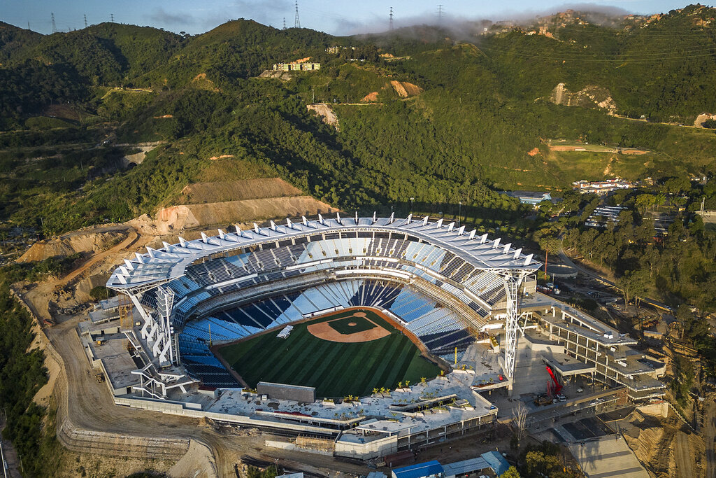 Title: Venezuela Baseball Caribbean Series Image ID: 23007807817690 Article: An aerial view of the La Rinconada baseball stadium in Caracas, Venezuela, Saturday, Jan. 7, 2023. The 65th edition of the Caribbean Series begins on Feb. 2, 2023 in Venezuela. Games will take place in Caracas at the La Rinconada and in La Guaira. (AP Photo/Matias Delacroix)