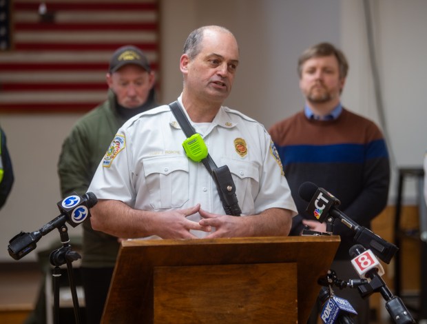 Mansfield Fire Chief John Roache speaks during a press conference Thursday, Feb. 5, 2026, at Mansfield Fire Station 107 in Mansfield, about a morning train derailment. (Aaron Flaum/Hartford Courant)