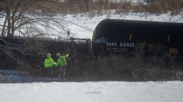 Crews inspect the scene after a train derailment in Mansfield on Thursday, Feb. 5, 2026. (Aaron Flaum/Hartford Courant)