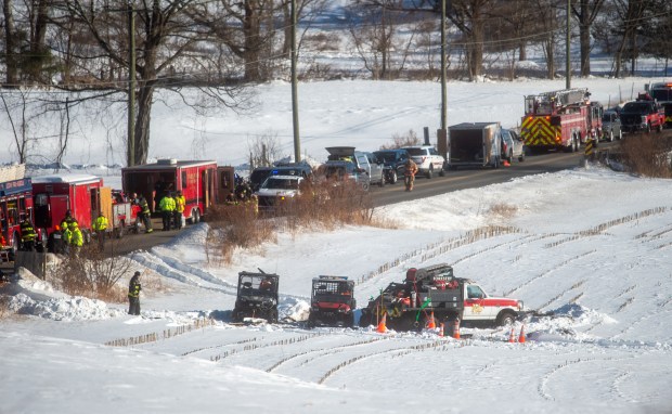 Crews inspect the scene after a train derailment in Mansfield on Thursday, Feb. 5, 2026. (Aaron Flaum/Hartford Courant)